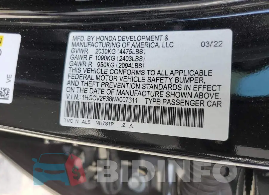1HGCV2F38NA007311 Photo# 12