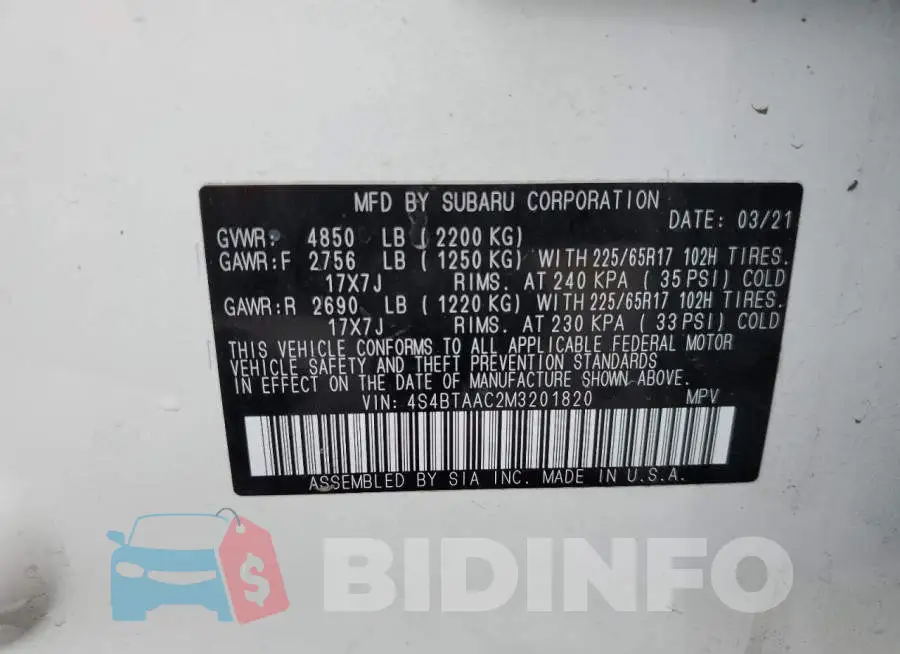 4S4BTAAC2M3201820 Photo# 14