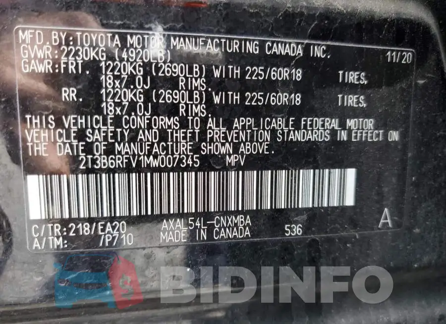 2T3B6RFV1MW007345 Photo# 13