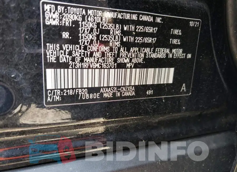 2T3H1RFV6MC163701 Photo# 13