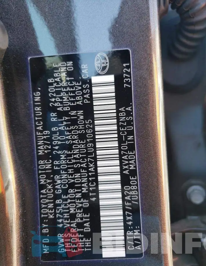 4T1C11AK7LU910625 Photo# 12
