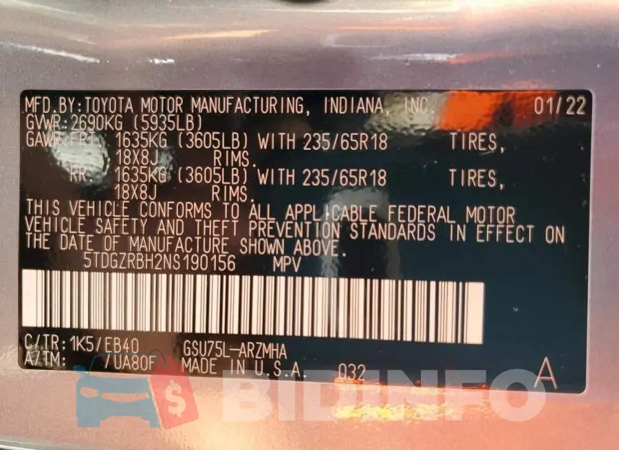 5TDGZRBH2NS190156 Photo# 14