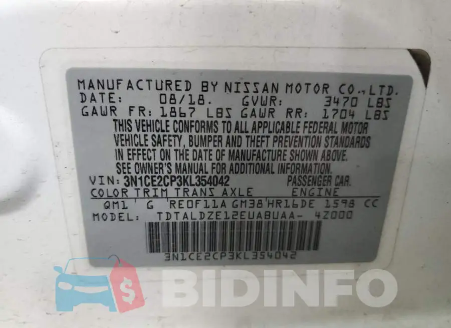 3N1CE2CP3KL354042 Photo# 13
