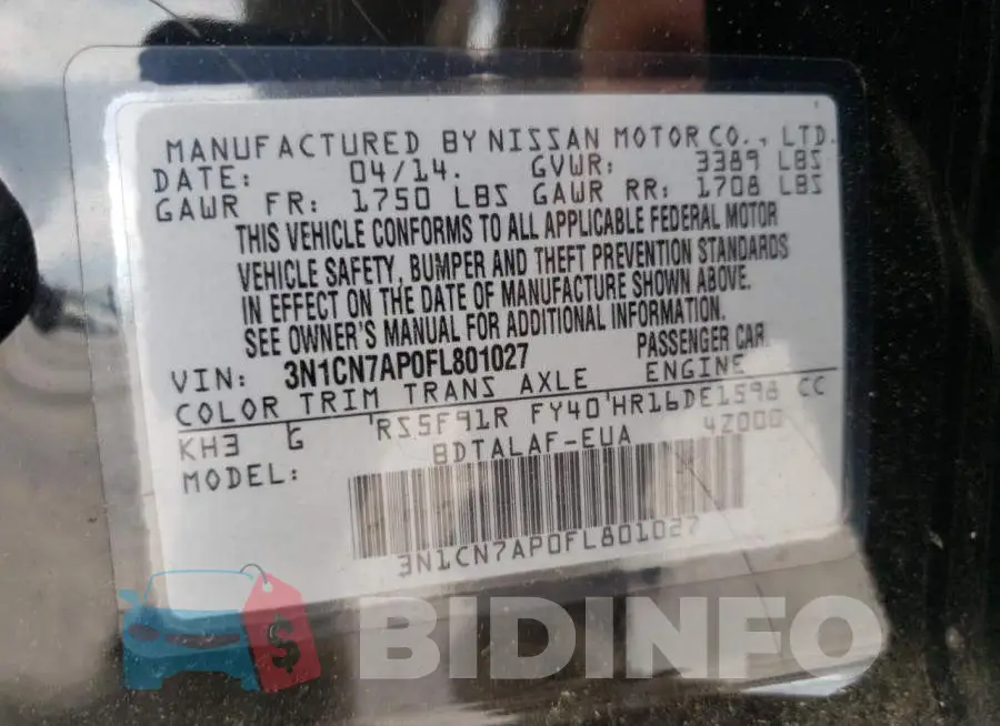 3N1CN7AP0FL801027 Photo# 13
