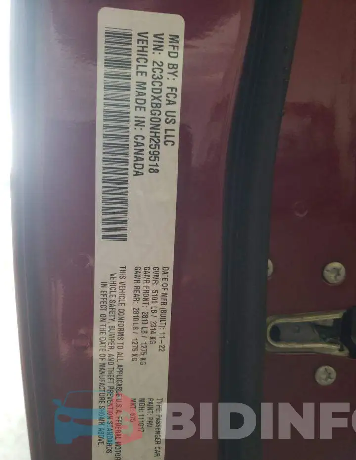 2C3CDXBG0NH259518 Photo# 12