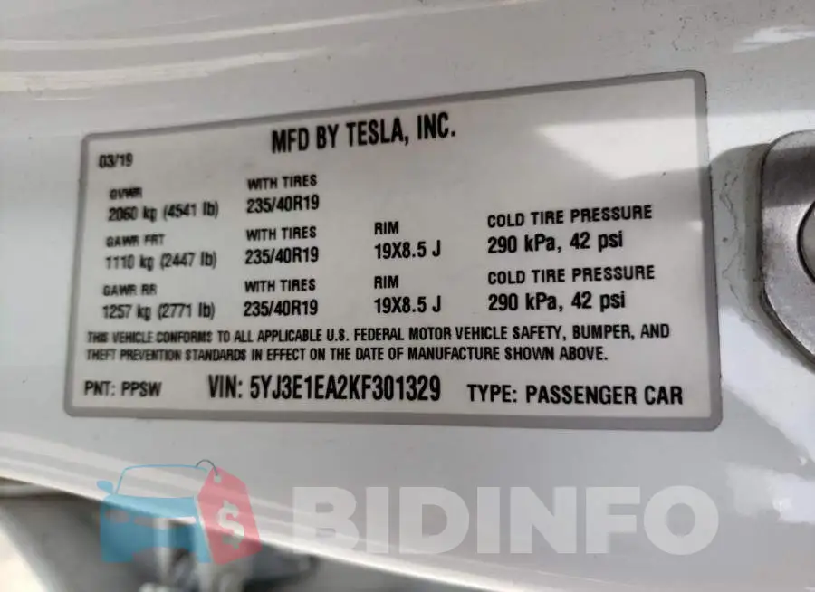 5YJ3E1EA2KF301329 Photo# 12