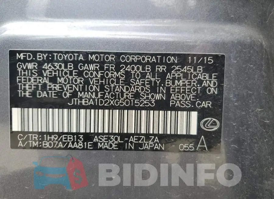 JTHBA1D2XG5015253 Photo# 12