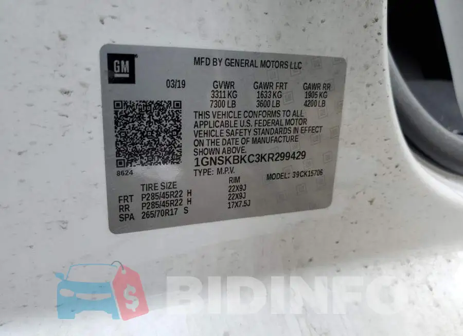 1GNSKBKC3KR299429 Photo# 14