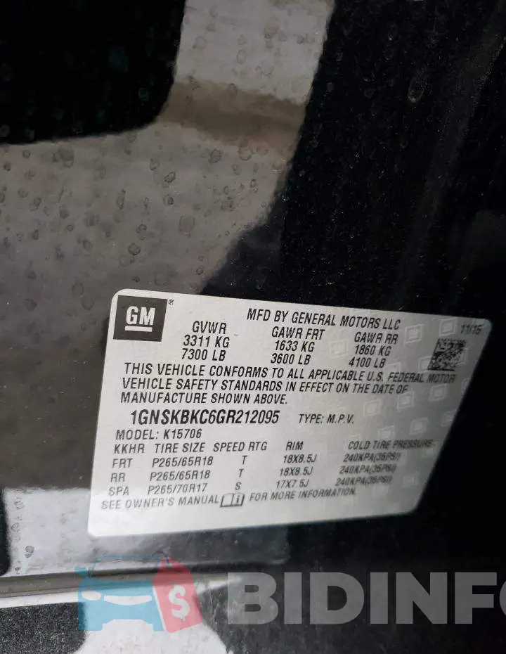 1GNSKBKC6GR212095 Photo# 14