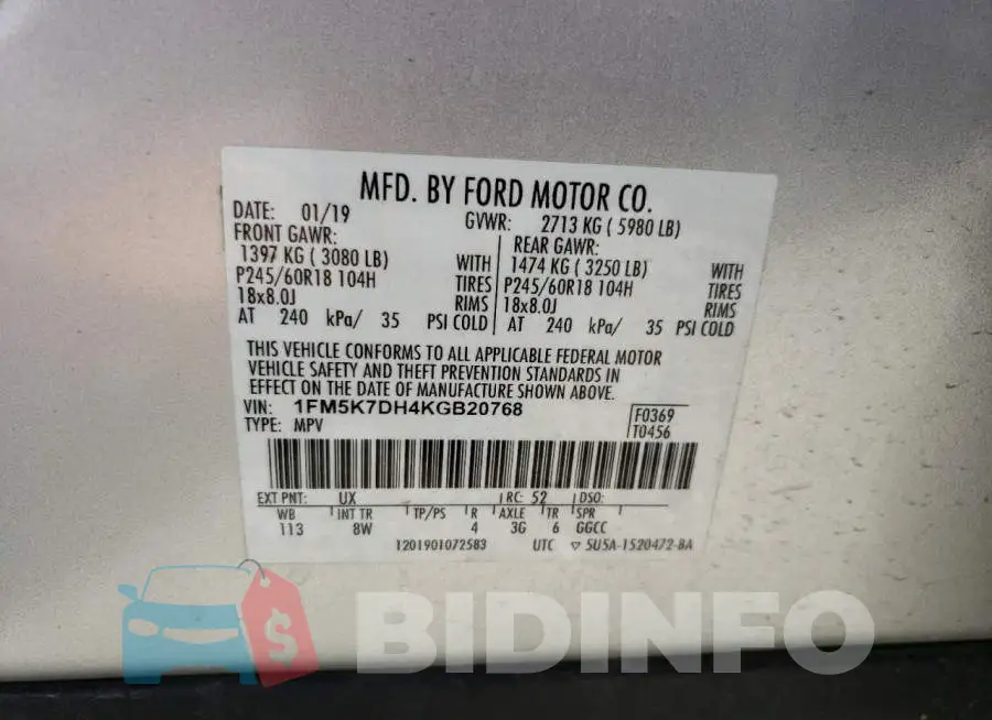1FM5K7DH4KGB20768 Photo# 14