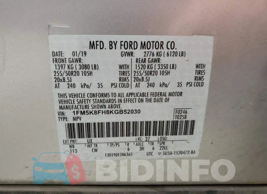 1FM5K8FH8KGB52030 Photo# 13