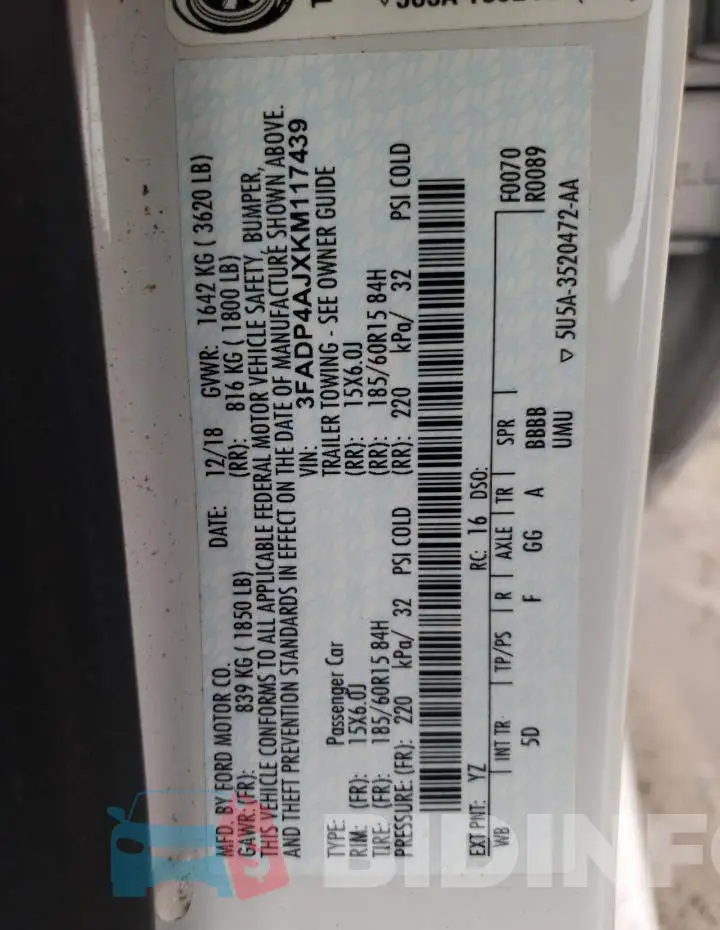3FADP4AJXKM117439 Photo# 12