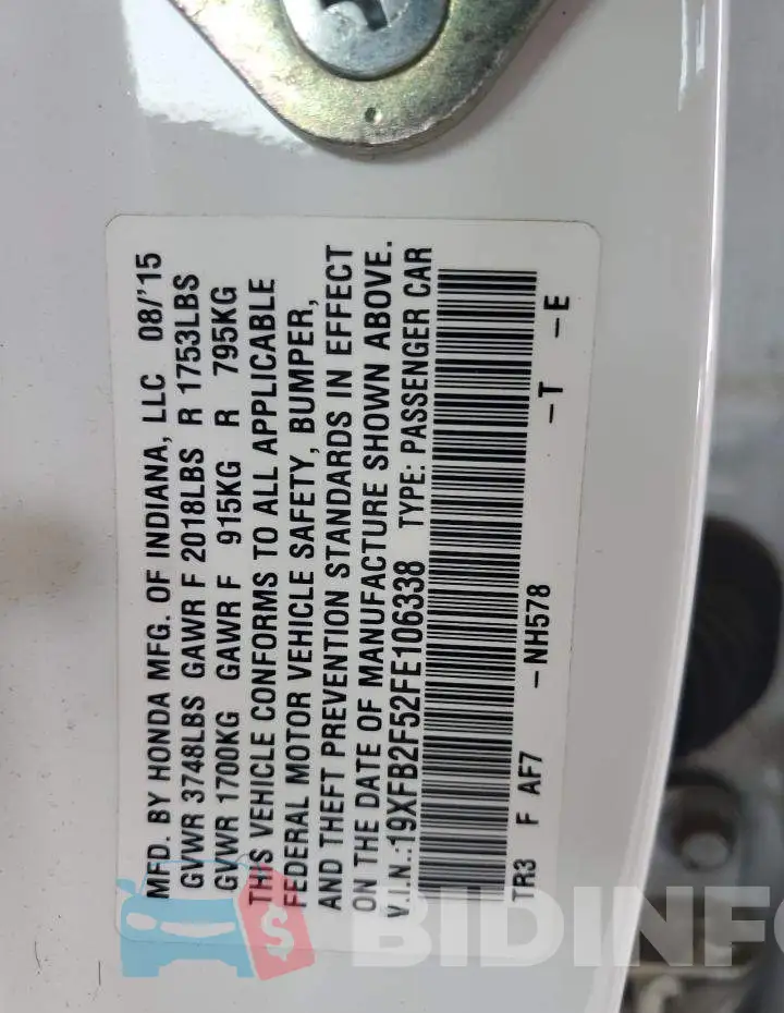 19XFB2F52FE106338 Photo# 12