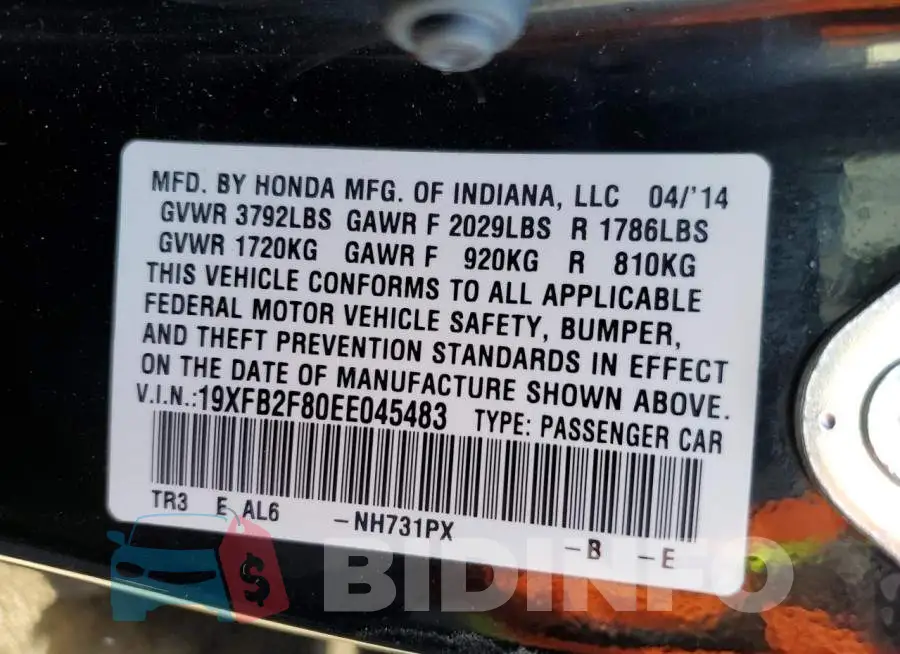 19XFB2F80EE045483 Photo# 12