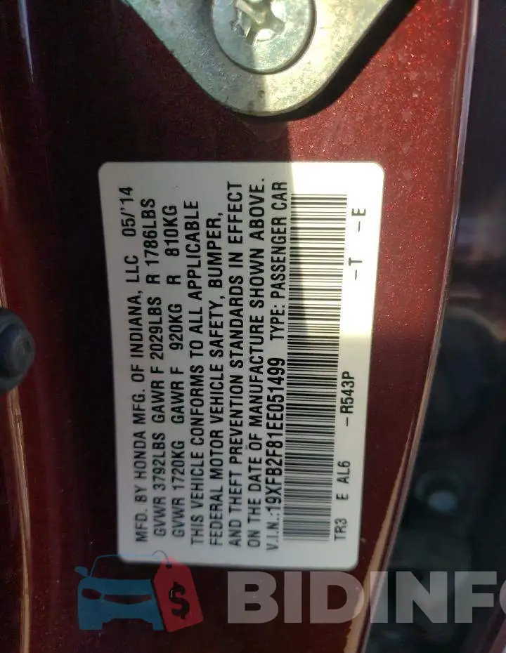 19XFB2F81EE051499 Photo# 13