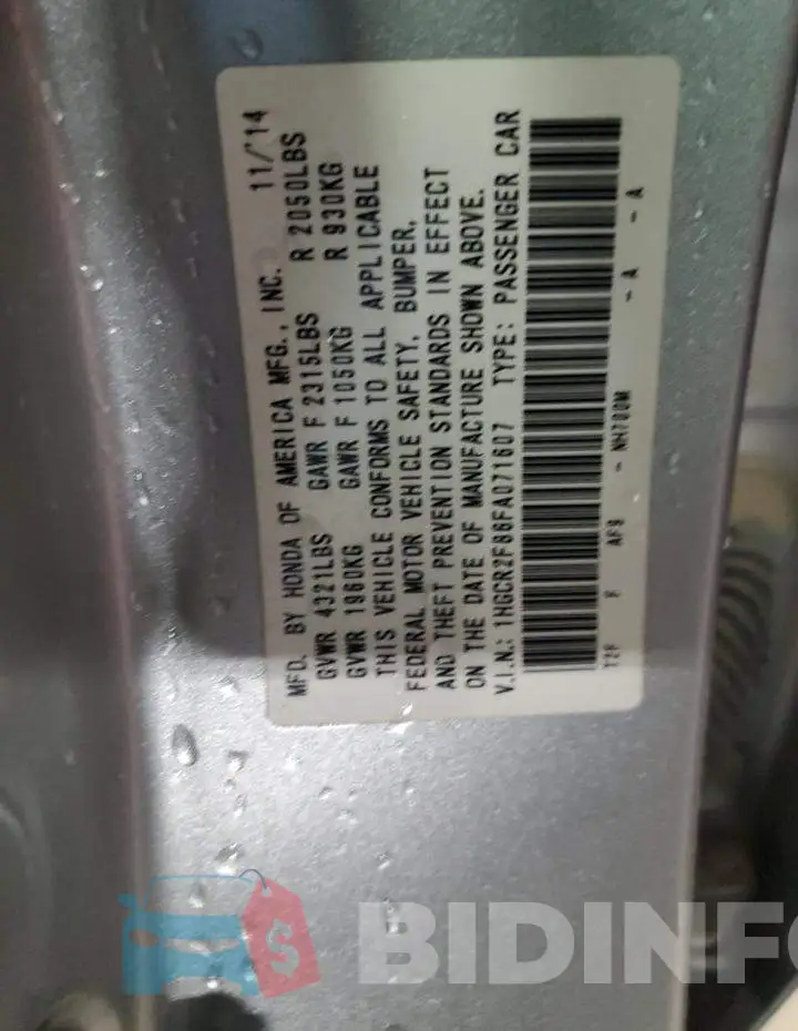 1HGCR2F86FA071607 Photo# 12
