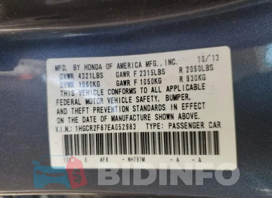 1HGCR2F87EA052983 Photo# 12