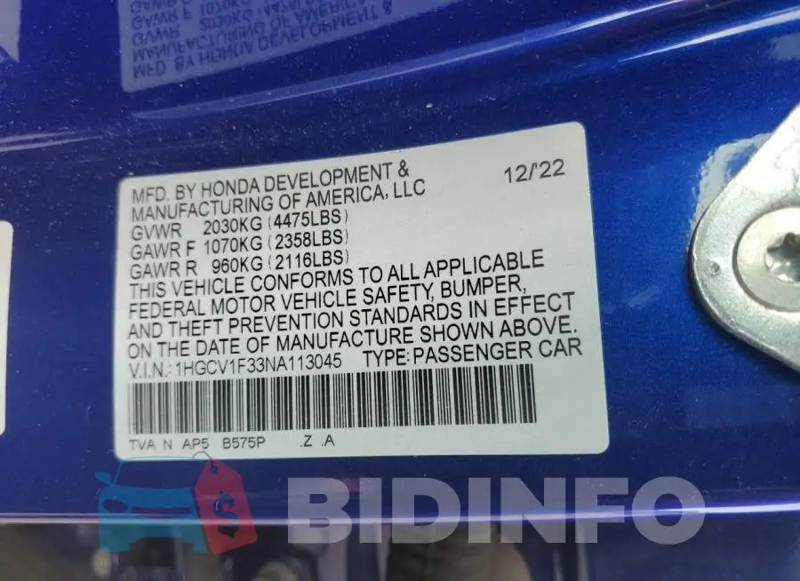 1HGCV1F33NA113045 Photo# 12