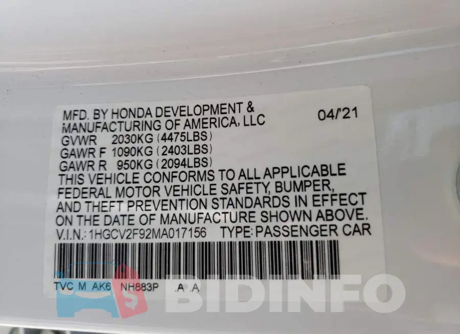1HGCV2F92MA017156 Photo# 12