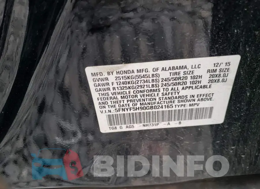 5FNYF5H90GB024165 Photo# 12