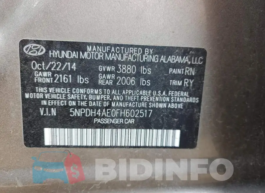 5NPDH4AE0FH602517 Photo# 12