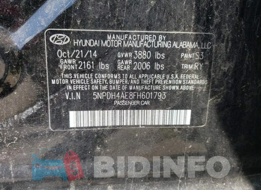 5NPDH4AE8FH601793 Photo# 12