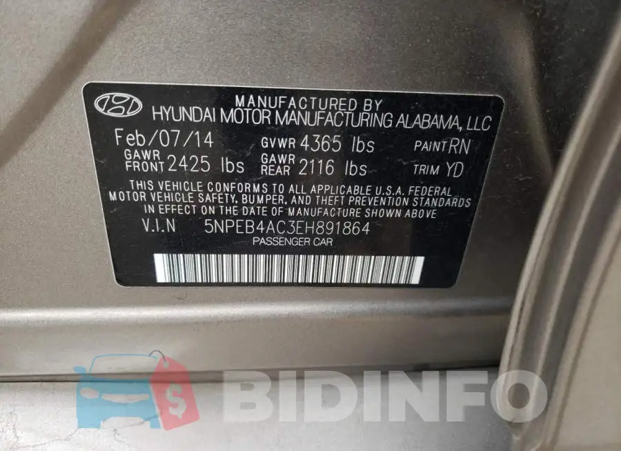 5NPEB4AC3EH891864 Photo# 12
