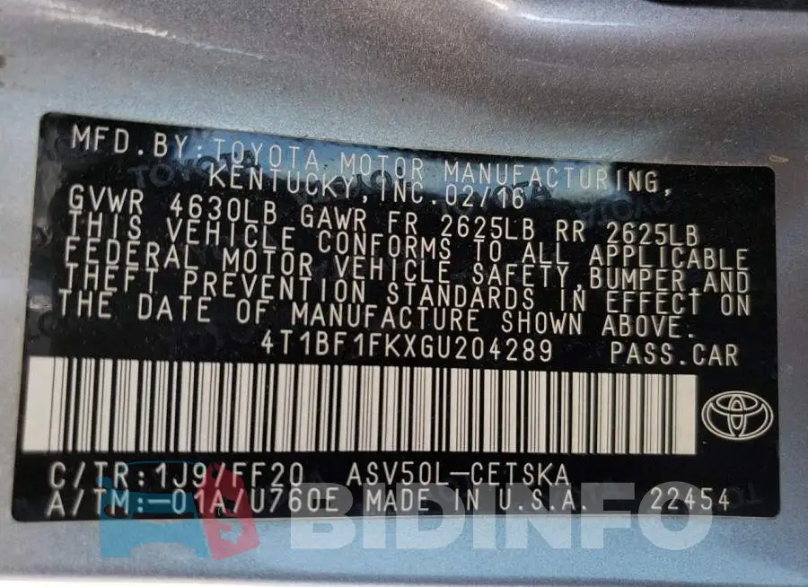4T1BF1FKXGU204289 Photo# 12