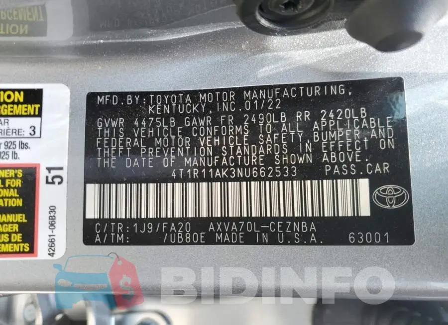 4T1R11AK3NU662533 Photo# 12