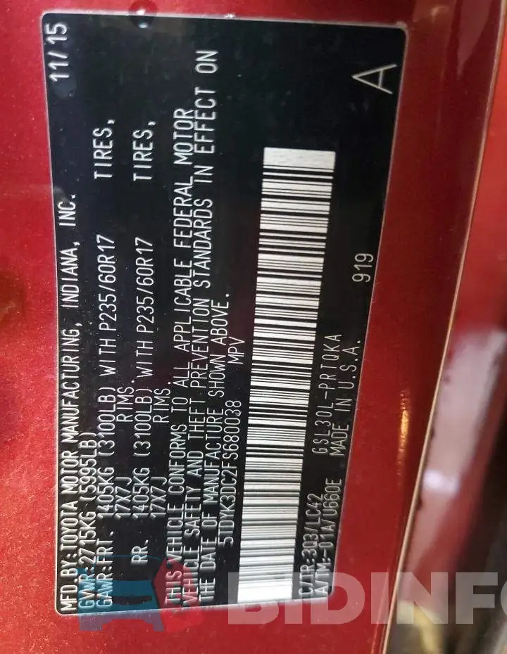 5TDYK3DC2FS680038 Photo# 13