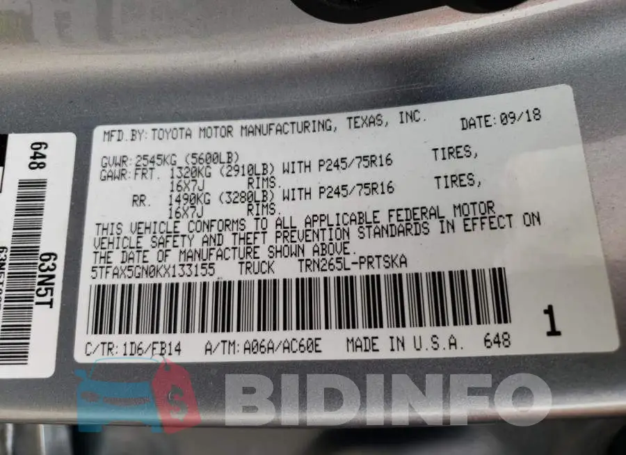 5TFAX5GN0KX133155 Photo# 12