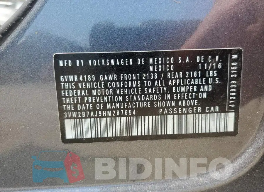 3VW2B7AJ9HM287654 Photo# 12