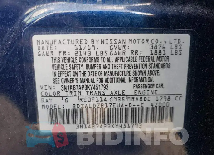 3N1AB7AP3KY451793 Photo# 12