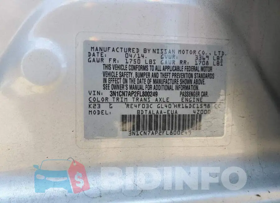 3N1CN7AP2FL800249 Photo# 12