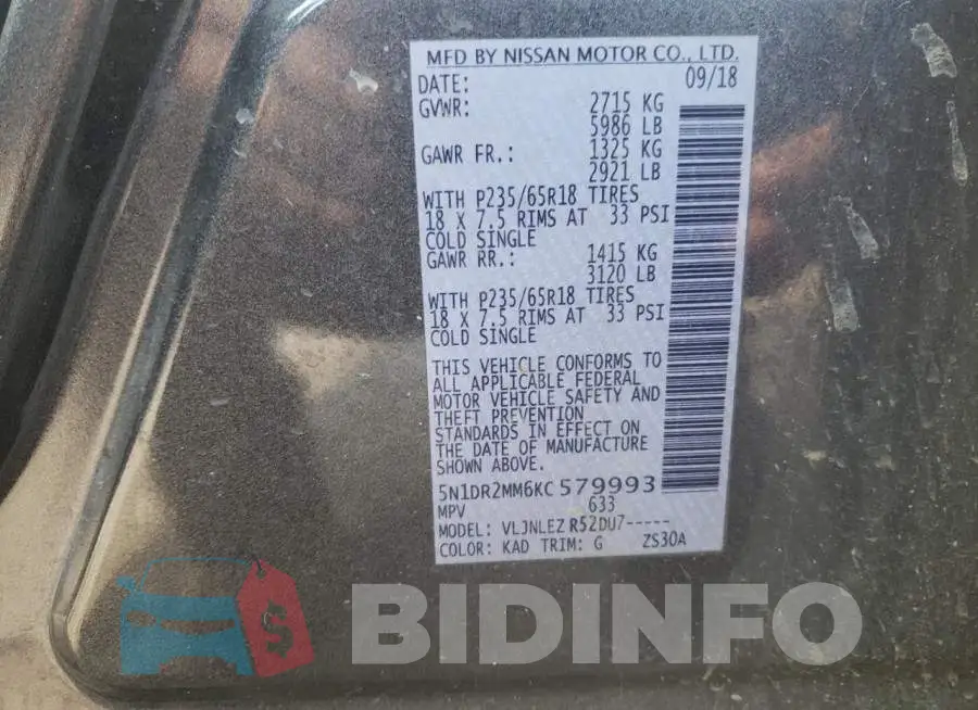 5N1DR2MM6KC579993 Photo# 13