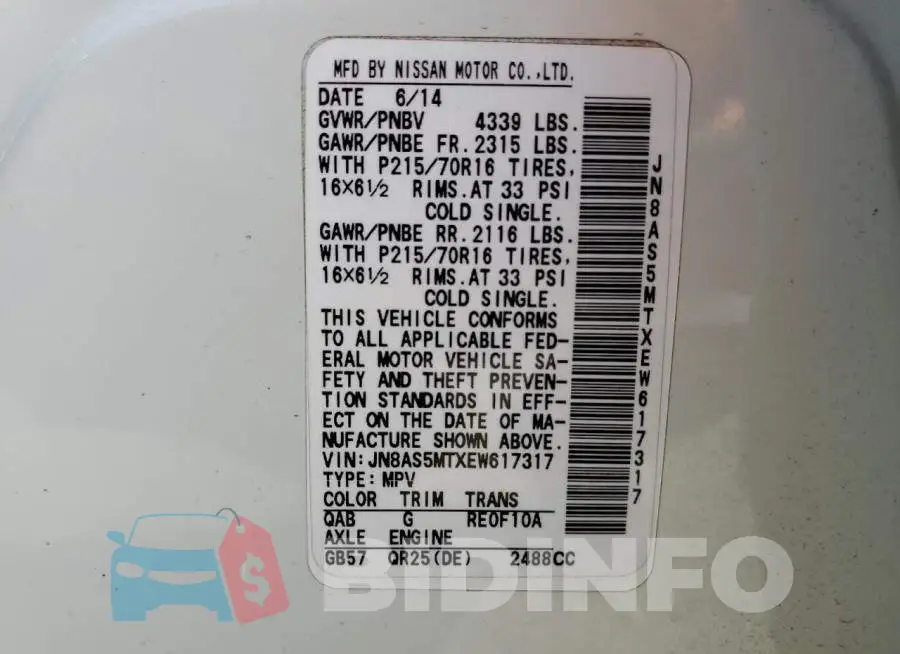 JN8AS5MTXEW617317 Photo# 13