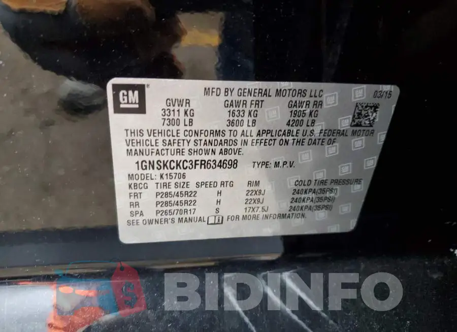 1GNSKCKC3FR634698 Photo# 14