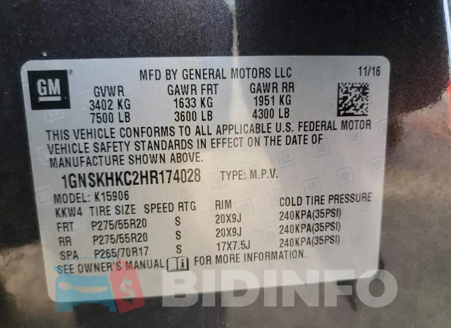 1GNSKHKC2HR174028 Photo# 13