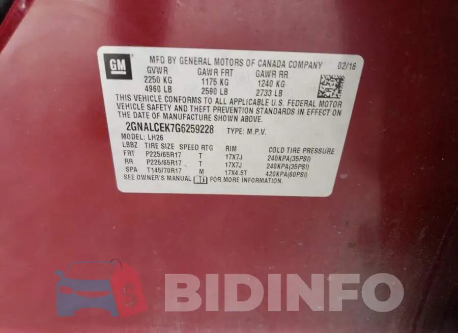 2GNALCEK7G6259228 Photo# 14