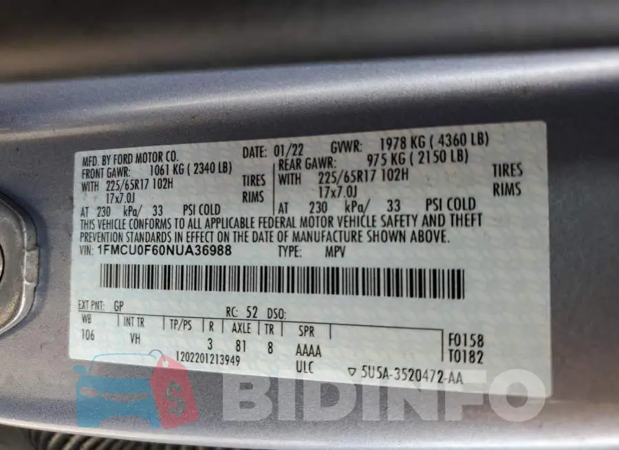 1FMCU0F60NUA36988 Photo# 12