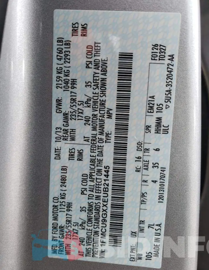 1FMCU9GXXEUB21445 Photo# 13