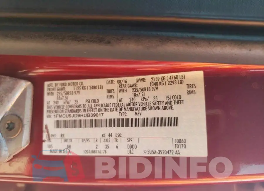 1FMCU9JD9HUB39017 Photo# 13