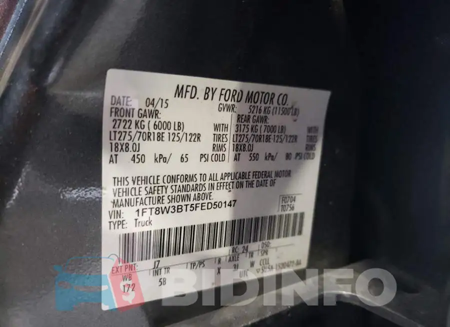 1FT8W3BT5FED50147 Photo# 12