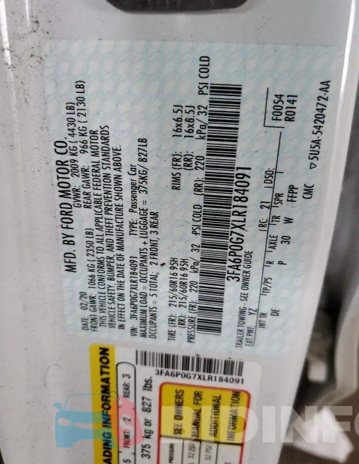 3FA6P0G7XLR184091 Photo# 12
