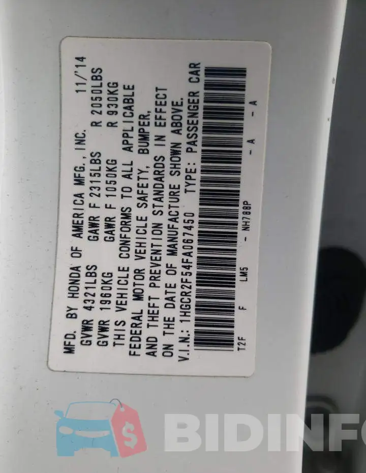 1HGCR2F54FA067450 Photo# 13
