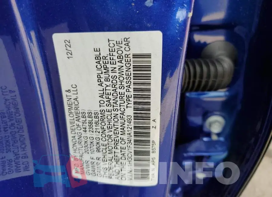 1HGCV1F34NA121493 Photo# 12