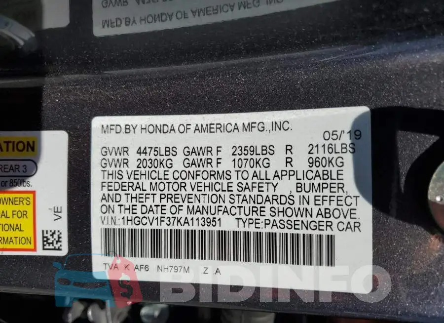 1HGCV1F37KA113951 Photo# 12