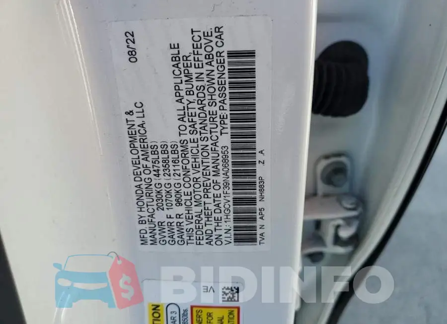 1HGCV1F39NA068953 Photo# 12