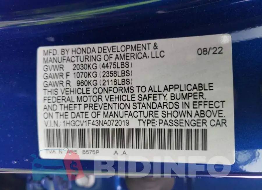 1HGCV1F43NA072019 Photo# 12