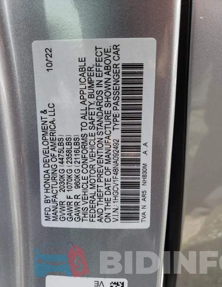 1HGCV1F48NA092492 Photo# 12